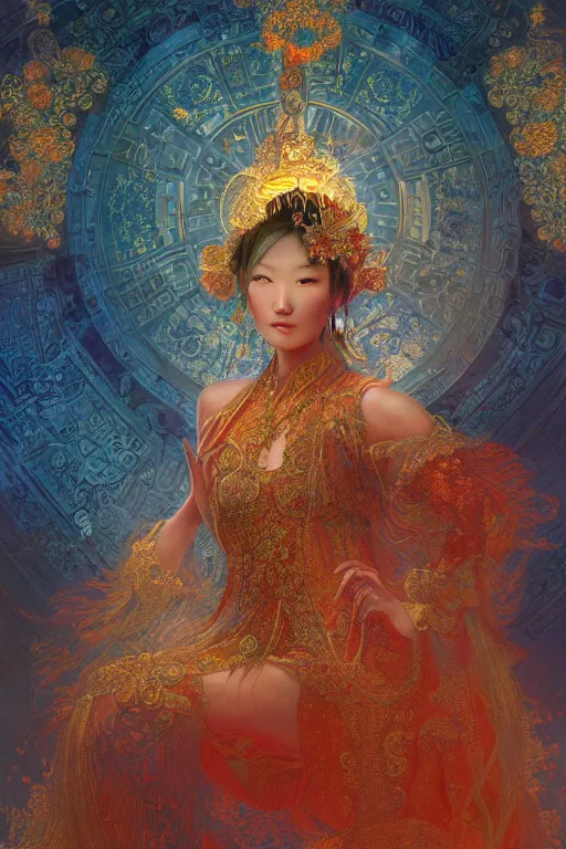 Image similar to tarot card artstation, portrait of an asian love dancer, sunrise, baroque ornamnet and rococo ornament, ancient chinese ornate, hyperdetailed, beautiful lighting, craig mullins, mucha, klimt, yoshitaka amano, red and gold and orange color palatte