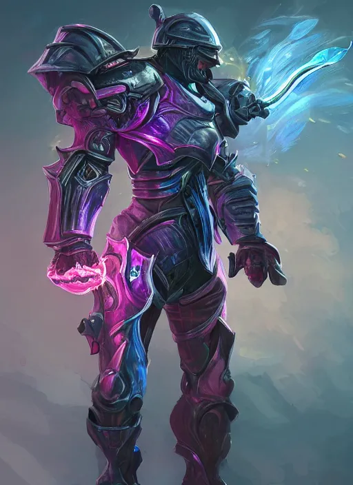 Image similar to a highly detailed illustration of fantasy cyber knight with machine gun arms, with flaming plume, rigid bulky armor, purple glowing core in armor, dramatic standing pose, intricate, elegant, highly detailed, centered, digital painting, artstation, concept art, smooth, sharp focus, league of legends concept art, WLOP