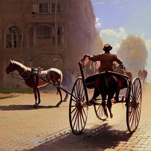 Prompt: a man pulling a cart, horse on cart, hyperrealism, no blur, 4 k resolution, ultra detailed, style of ron cobb, adolf hiremy - hirschl, syd mead, ismail inceoglu, rene margitte