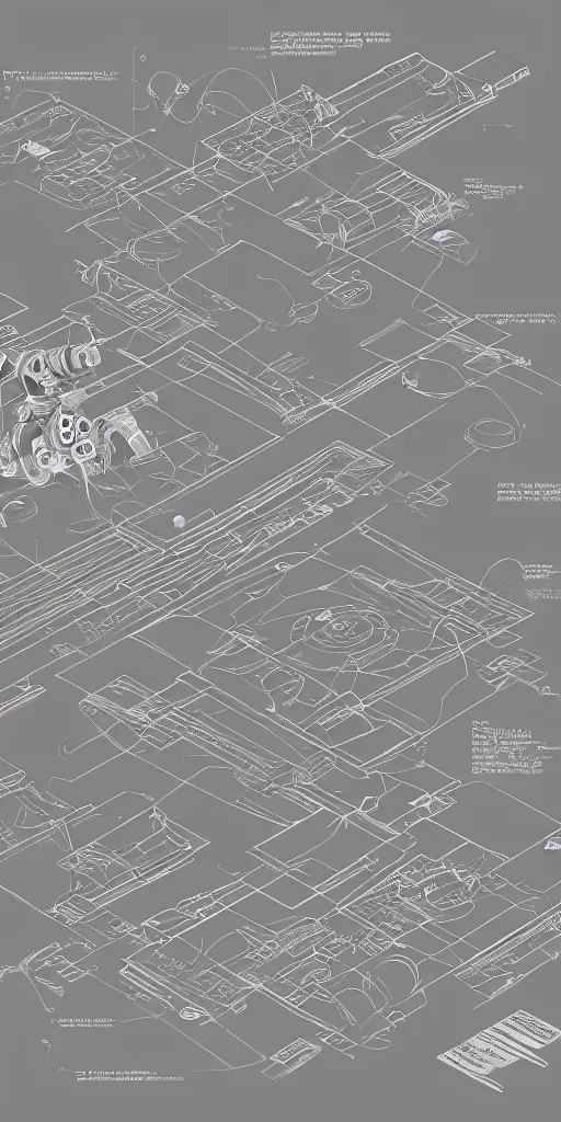 Prompt: robotic cowboy axonometric blueprint, plans, infographic, year 1850