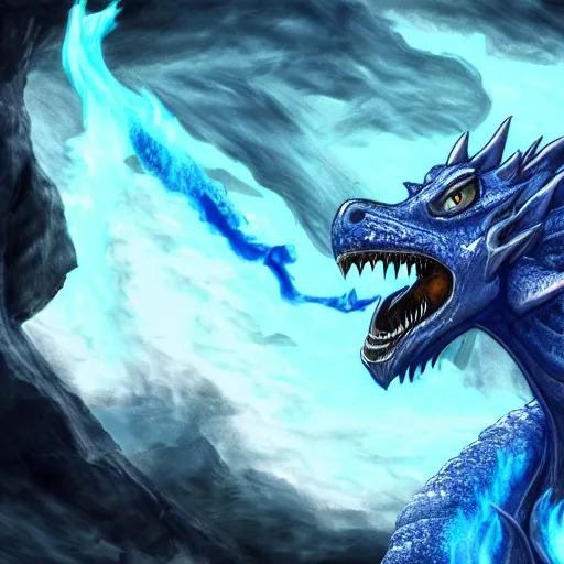 Image similar to a blue dragonborn with half of his face flaming with blue flame standing in a big cave, digital art