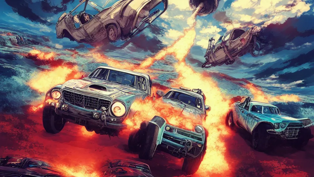 Image similar to anime illustration of mad max's fj 4 0 pursuit special riding fury road eternal shiny and chrome, world of fire and blood, the last v 8 interceptor driving down to the gates of valhalla highway, by makoto shinkai, ilya kuvshinov, lois van baarle, rossdraws, basquiat, global illumination ray tracing hdr