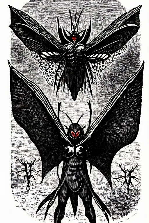 Image similar to mothman, as a demon from the dictionarre infernal, pen - and - ink illustration, etching by louis le breton, 1 8 6 9, 1 2 0 0 dpi scan, ultrasharp detail, hq scan, intricate details, stylized border