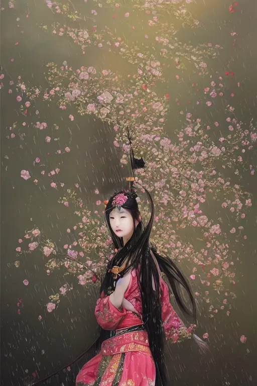 Image similar to portrait wuxia sword dance Asian Girl, Chinese costume, in forbidden City Rainning, flowers sea everywhere, ssci-fi, fantasy, intricate, very very beautiful, elegant, highly detailed, digital painting, artstation, concept art, smooth, sharp focus, illustration, art by tian zi and WLOP and alphonse mucha