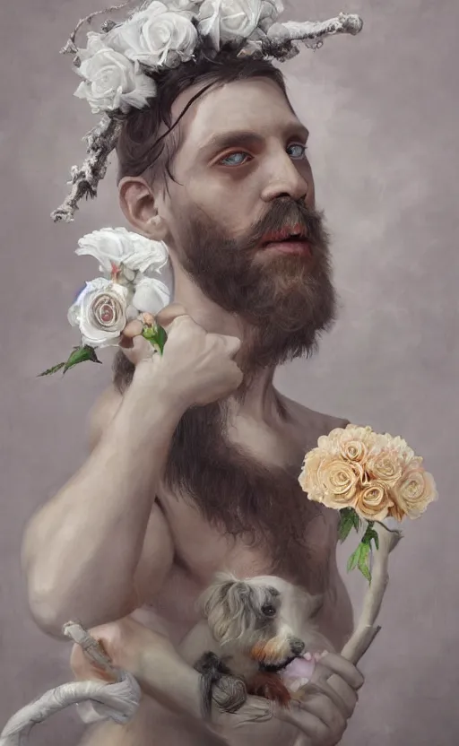 Prompt: a painting of a young bearded man holding a white rose and a stick, jester hat, small dog, a surrealist painting by marco mazzoni, cgsociety, neo - figurative, detailed painting, rococo, oil on canvas, seapunk, lovecraftian