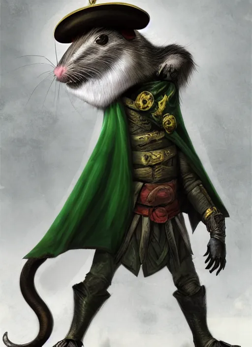 Prompt: rat on two legs with a gray beard, human eyes, tricorne hat, green cape, digital art, fantasy, d & d, warhammer, realistic, detailed