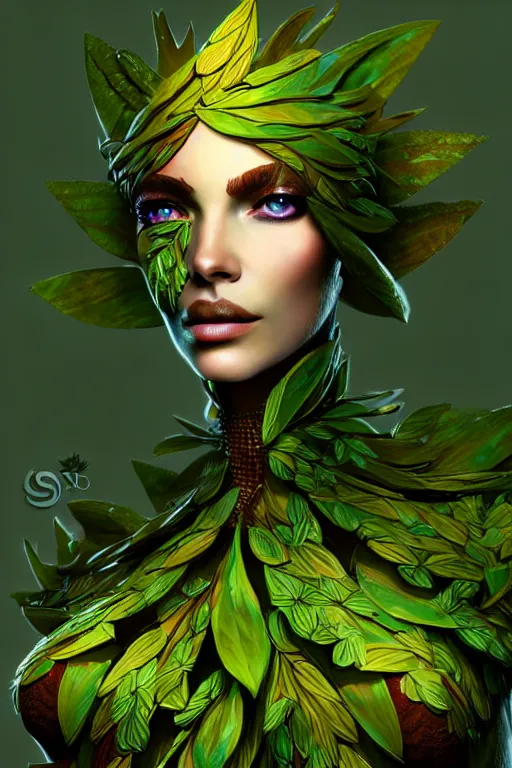 Prompt: Sylvari female that is made of leaves and bark, botanical race of Guild Wars 2, concept art, close-up, digital art, elegant