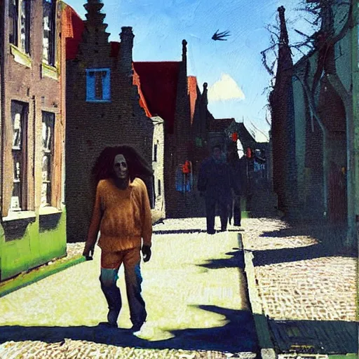 Image similar to bob marley walking in bruges, painted by scott listfield, sunny, happy