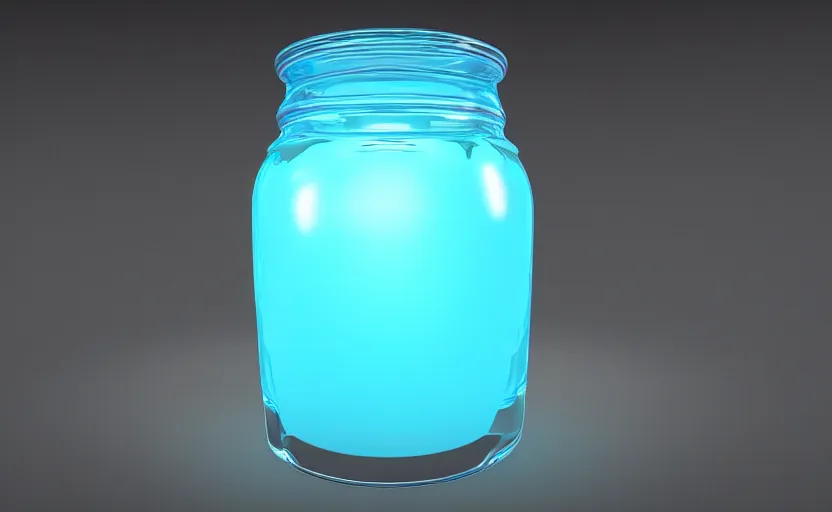 Image similar to a jar with bright cyan blue liquid in it, glowing, high detail, unreal engine