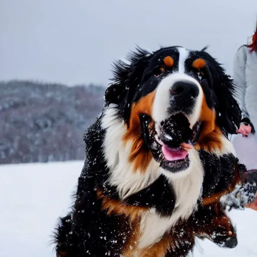 Image similar to girl riding giant Bernese Mountain Dog in the snow