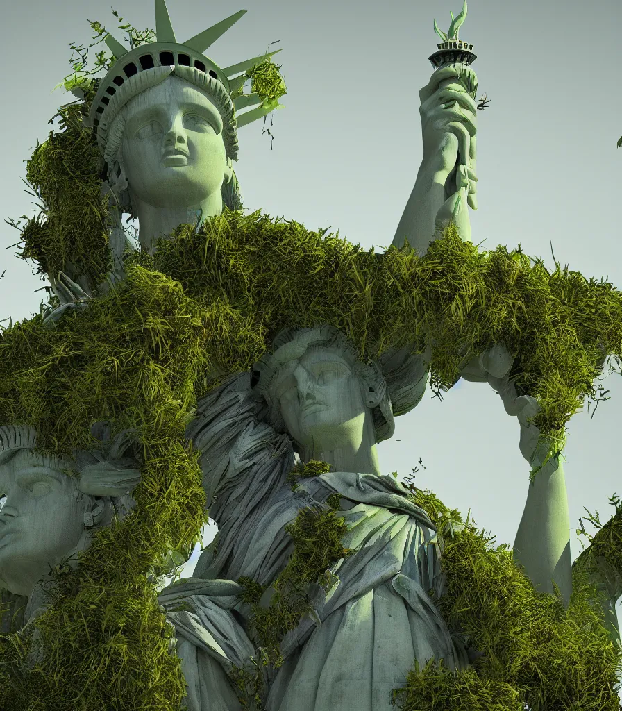 Prompt: statue of liberty overrun by plants urban decay collapse grass trees moss trending on art station octane render 4 k 8 k