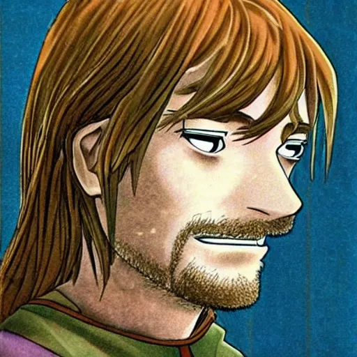 Image similar to boromir from the anime lord of the rings (1986), ginger hair, looking serious, some beard, studio ghibli, very detailed, realistic