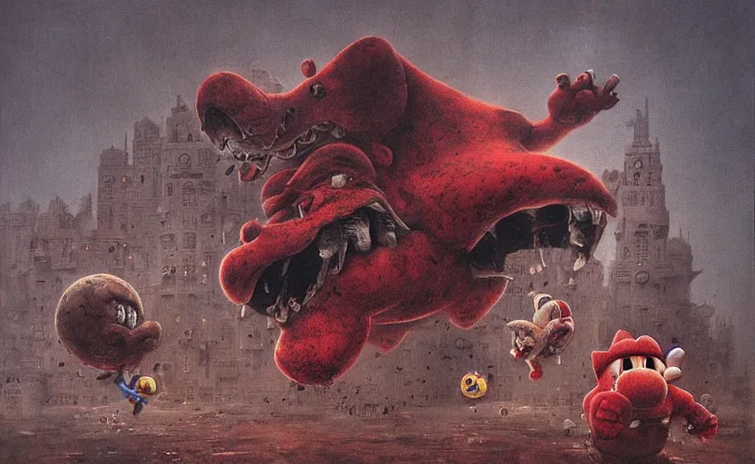 Prompt: super Mario faces off against Bowser by Beksinski, resident evil, horror