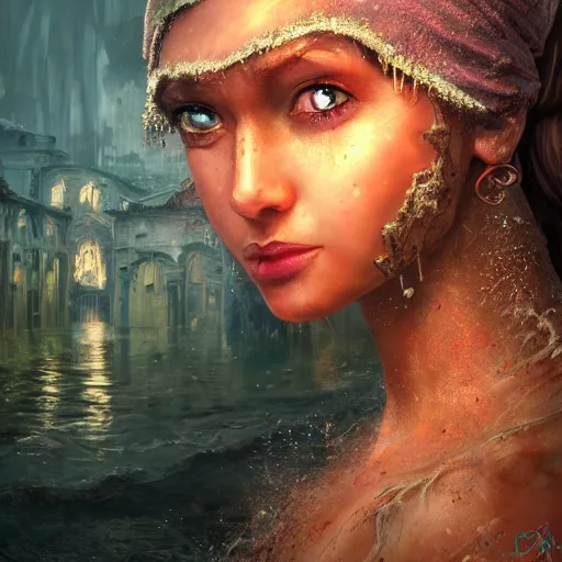 Prompt: Ancient city being destroyed by a flood,detailed face,detailed eyes,pink lips,upturned nose, digital art , highly detailed , high contrast, beautiful lighting, award winning , trending on art station, photorealistic, 8k