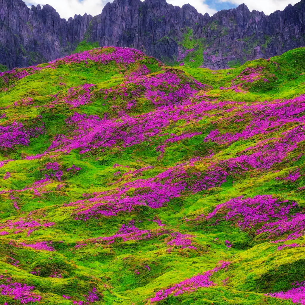 Image similar to valley of flowers with high and small monoliths, humans, renaissance, film grain, high detailed,