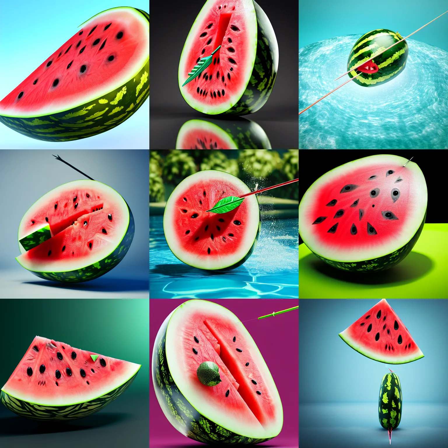 Prompt: a whole watermelon pierced by an arrow, an arrow going through the water melon, detailed render, 8k, cgsociety