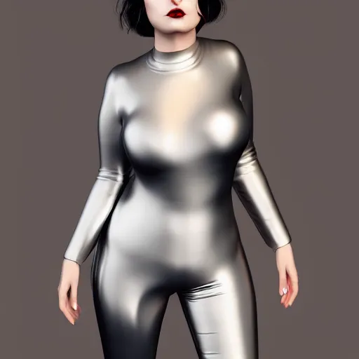 Prompt: portrait of a curvy feminine hot pale goth woman with elegant tight silver nylon latex and silk outfit, skinny waist thick hips, shiny lips, photorealistic, sublime, 16k, smooth, sharp focus, cgsociety, ArtStation, volumetric lighting