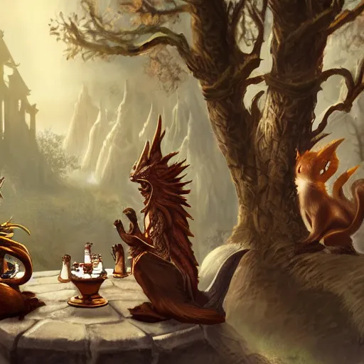 Prompt: matte painting of dragon slayer ornstein having a tea party with squirrels