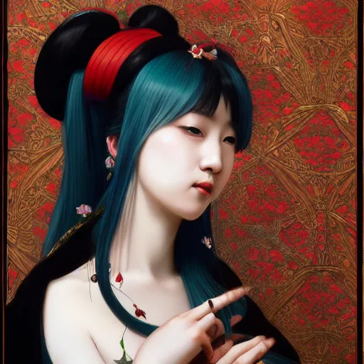 Image similar to a beautiful portrait of hatsune miku with long black and deep red colored hair dressed as a 1 6 th century chinese noblewoman, intricate, elegant, highly detailed, digital painting, artstation, concept art, matte, sharp focus, illustration, art by greg rutkowski and alphonse mucha