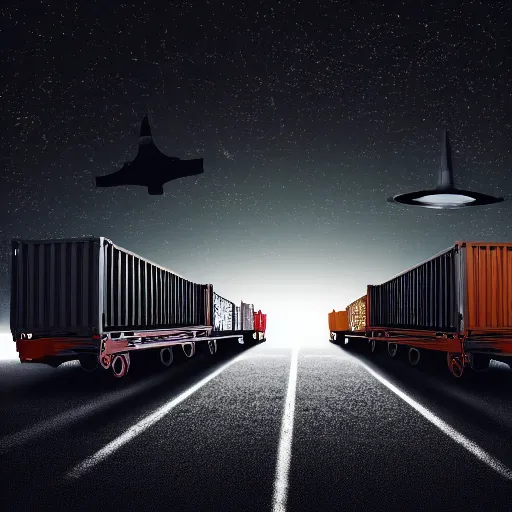 Image similar to spaceship transporting cargo containers, black background, the expanse, long shot, gritty, industrial