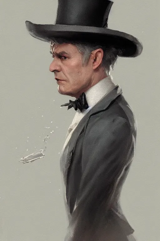 Image similar to a grey hair halfling with no beard top hat and suit by Greg Rutkowski, painting, portrait, high details, trending on artstation