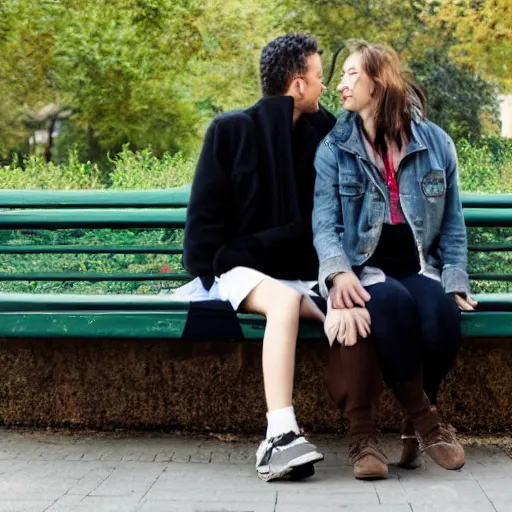 Prompt: a couple sitting on a park bench, dystopian