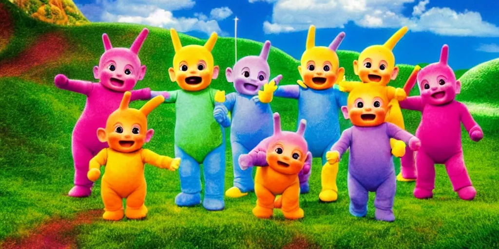 Prompt: Many teletubbies in the style of Thomas Kincade