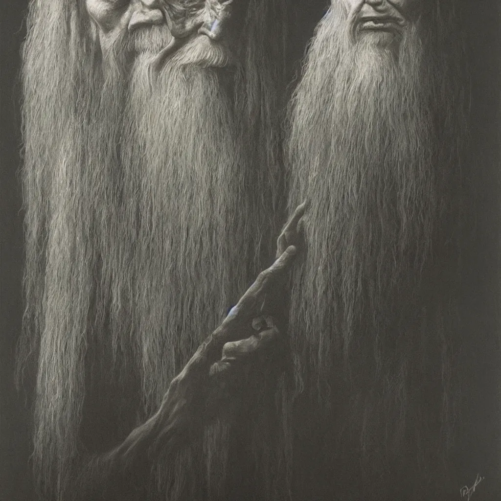 Prompt: Zdzisław Beksiński painting of Gandalf
