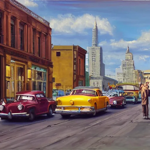 Prompt: 4K hyper realistic oil painting of 1950s city with old cars and a big speaker array in the sky booming techno music