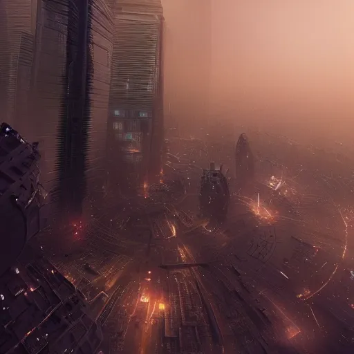 Image similar to a futuristic dystopian city, view from the sky, intricate artwork by beeple, beautiful, cinematic lighting, heavy mist, octane render, trending on artstation, greg rutkowski very coherent artwork. cinematic, hyper realism, high detail, octane render, 8k