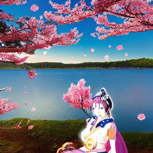 Image similar to Sakuyamon with the moon behind her by a shimmering lake, Sakura petals around her, majestic, graceful