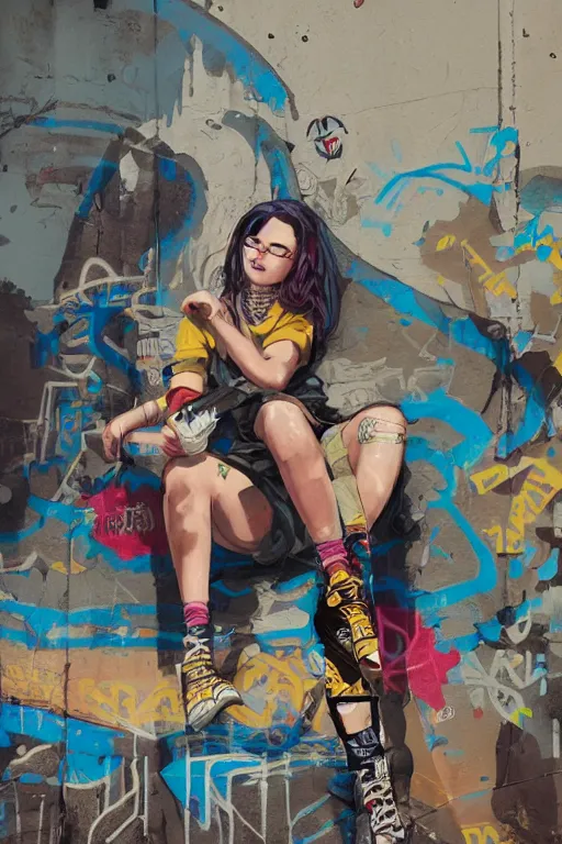 Image similar to punk girl sitting on extreme graffiti tag mural maximalism by atey ghailan, by greg rutkowski, by joe fenton, yellow, brown, black and cyan color scheme, octane render