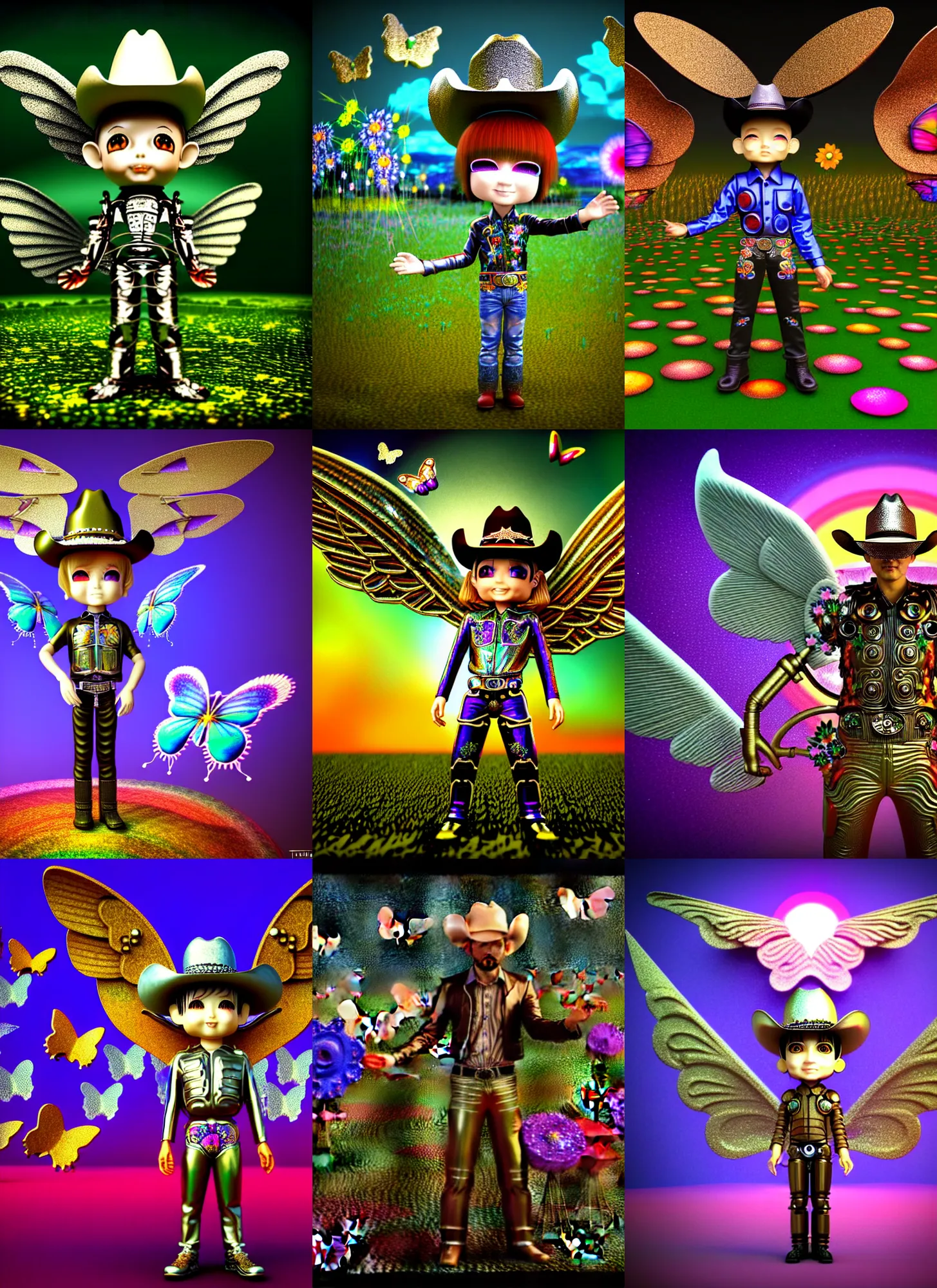 Prompt: vintage cgi 3 d render by ichiro tanida of a chibi cyborg metallic nightopian garden wearing angel wings and a cowboy hat, standing in a big psychedelic landscape background filled with 3 d butterflies and 3 d flowers n the style of micha klein, old cgi 3 d rendered bryce 3 d, wide frontal view