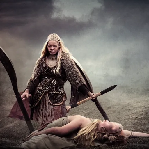 Image similar to a viking goddess on a battlefield who goes to war to recover her throne, several fighters are down, the background is hazy