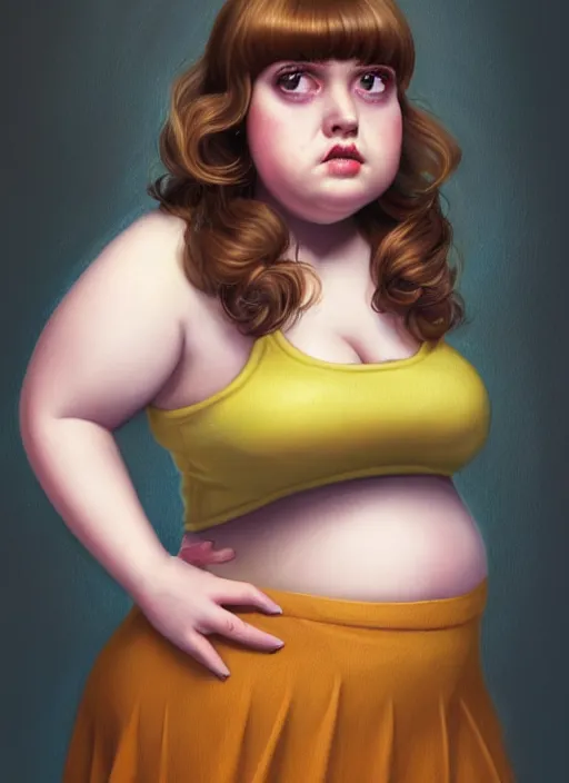 Image similar to full body portrait of teenage betty cooper, obese, bangs, ponytail, sultry, realistic, sultry smirk, ponytail hairstyle, fluffy bangs, curly bangs, skirt, fat, belly, intricate, elegant, highly detailed, digital painting, artstation, concept art, smooth, sharp focus, illustration, art by wlop, mars ravelo and greg rutkowski