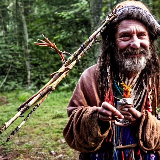 Image similar to hippie tribal hobo witch doctor wearing twigs and leaves smiling sheepishly, campfire, bong, water pipe, highly detailed, dramatic lighting, night time, cinematic, hyperrealistic, detailed, movie still from game of thrones