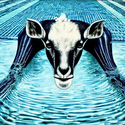 Image similar to wide angle of a nightmare goat in a swimming pool, highly detail, ultra realistic, art by hr giger, 4 k