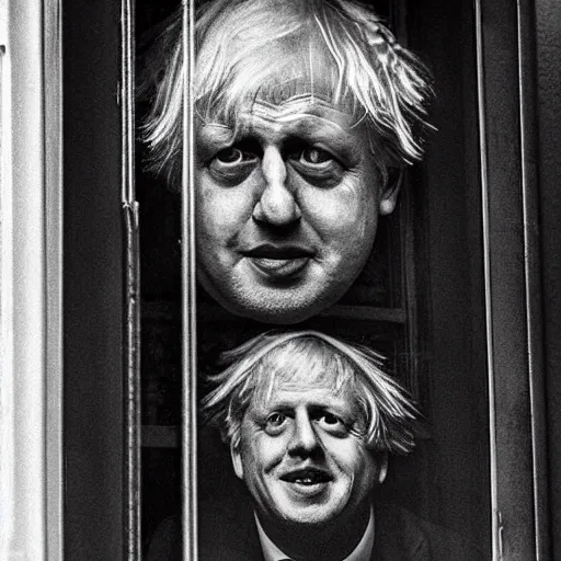 Image similar to a photo taken from the inside of an old house with window blinds being pulled back to reveal a terrifying boris johnson with his face pressed against the window with his hand on the window and a horrifying grin. horror, black and white, raining, night time