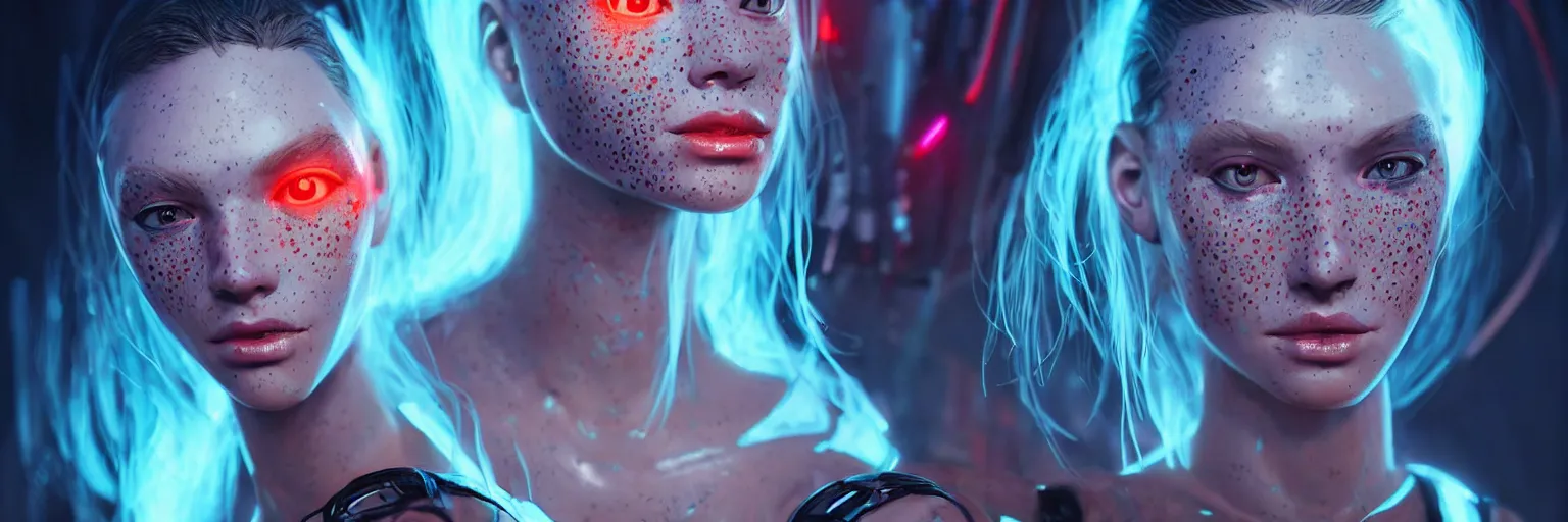 Image similar to outfocus photography of a beautiful scandinavian female humanoid with freckles, by loish, d & d, fantasy, cyber neon lighting, futurism, intricate futuristic jewelry accessories, cyberpunk high fashion glossy latex swimsuit, profile posing, perfect anatomy, hyper photorealistic, digital photography, artstation, pinterest, concept art, art by pascal blanche and greg rutkowski,