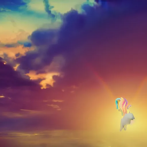 Image similar to a drop of rainbow riding a unicorn on a sunset full of clouds, octane render, unreal engine 4, hyperrealistic