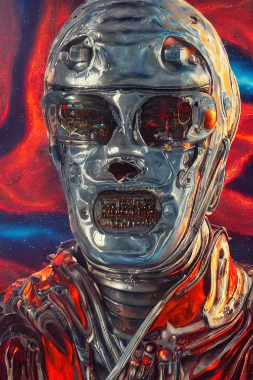 Prompt: oil painting, close-up, hight detailed, melting cyborg at red planet, in style of 80s sci-fi art, neodada