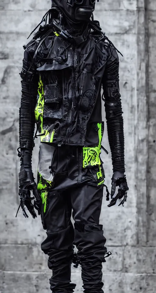 Image similar to cyberpunk techwear streetwear look and clothes, we can see them from feet to head, highly detailed and intricate, beautiful bright colors, hypermaximalist, futuristic, cyberpunk setting, luxury, elite, cinematic, techwear fashion, Errolson Hugh, Sacai, Nike ACG, Yohji Yamamoto, Y3, ACRNYM, outfit photo