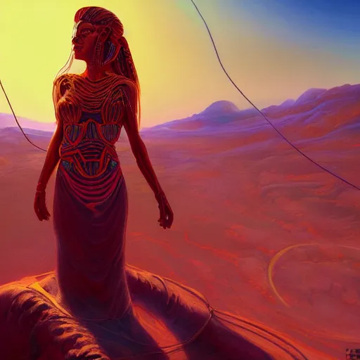 Prompt: goddess inanna on mars with cables for hair, extremely detailed painting, in the style Fenghua Zhong, mystical colors, sunset lighting, 8k, stunning scene, raytracing, octane, trending on artstation