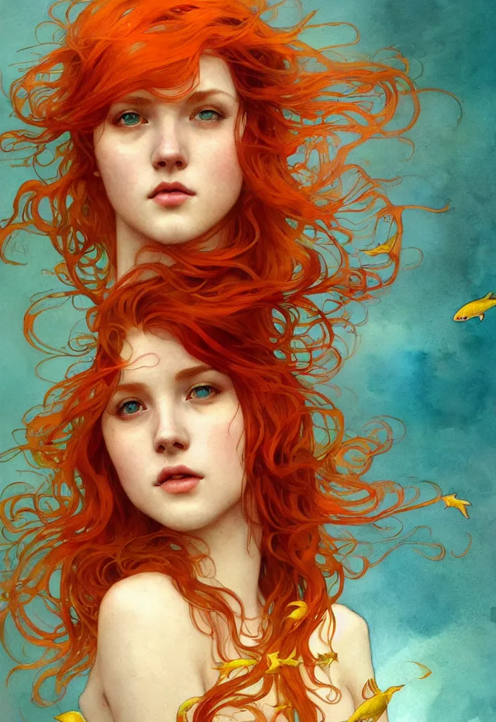 Prompt: beautiful watercolor painting of a young red hair woman swimming, surrounded by golden fish, intricate, elegant, highly detailed, digital painting, artstation, concept art, smooth, sharp focus, art by krenz cushart and artem demura and alphonse mucha, dynamic lighting, full body shot, ultrarealistic, cinematic, octane render, 8 k