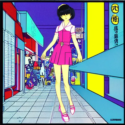 Image similar to album - cover of a 1 9 8 0 s japanese city - pop record featuring an anime illustration by leiji matsumoto. cute stylish woman ; sports car ; neon ; urban summer drive.