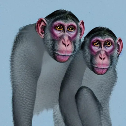 Image similar to two macaques looking at each other inside alien base, digital art, soft shadows, creepy art