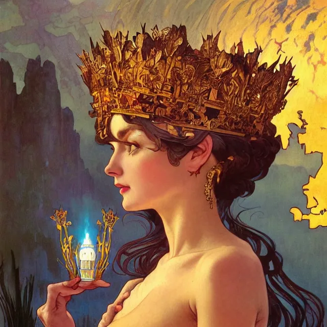 Image similar to an aesthetic! a detailed portrait of a vailed woman, with a crown, holding a lantern with mountains of gold in the background, by frank frazetta and alphonse mucha, oil on canvas, art nouveau dungeons and dragons fantasy art, hd, god rays, ray tracing, crisp contour lines, huhd