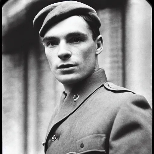 Image similar to cillian murpht in a world war ii uniform, black and white film photography, cabinet card, 2 5 mm lens, cinematography by roger deakins