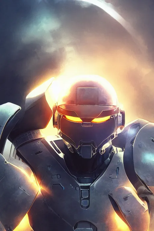 Image similar to robot ninja mask helmet halo master chief radiating a glowing aura global illumination ray tracing hdr fanart arstation by ian pesty and katarzyna da „ bek - chmiel