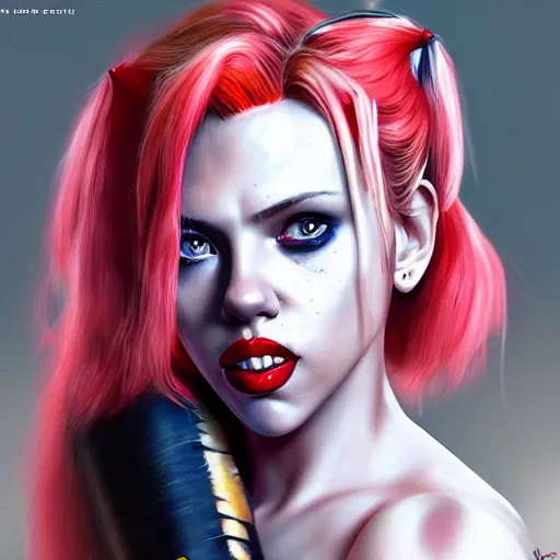 Image similar to Scarlett Johansson as Harley Quinn, holding bat, digital, artstation, cgsociety, 4k, high detail
